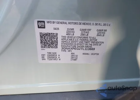 2026 Chevrolet Equinox Awd Lt из США, поврежденный, VIN 3GNAXPEG2TL113669